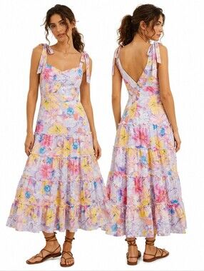 Nwt Petalo Cotton Floral Tiered Maxi Dress Made in USA Lined Watercolor Pastels